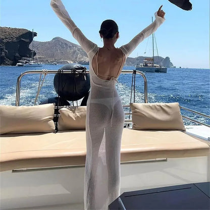 White Backless See-through Long Dress Women's Summer Slim High Waist Spliced Long Sleeve Solid Color Beach Long Dress - Smarsty