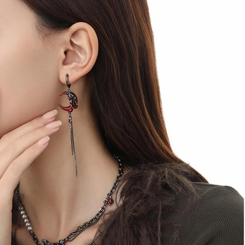 Red Moon Gem Asymmetric Earrings for Unique Punk Style - Smarsty