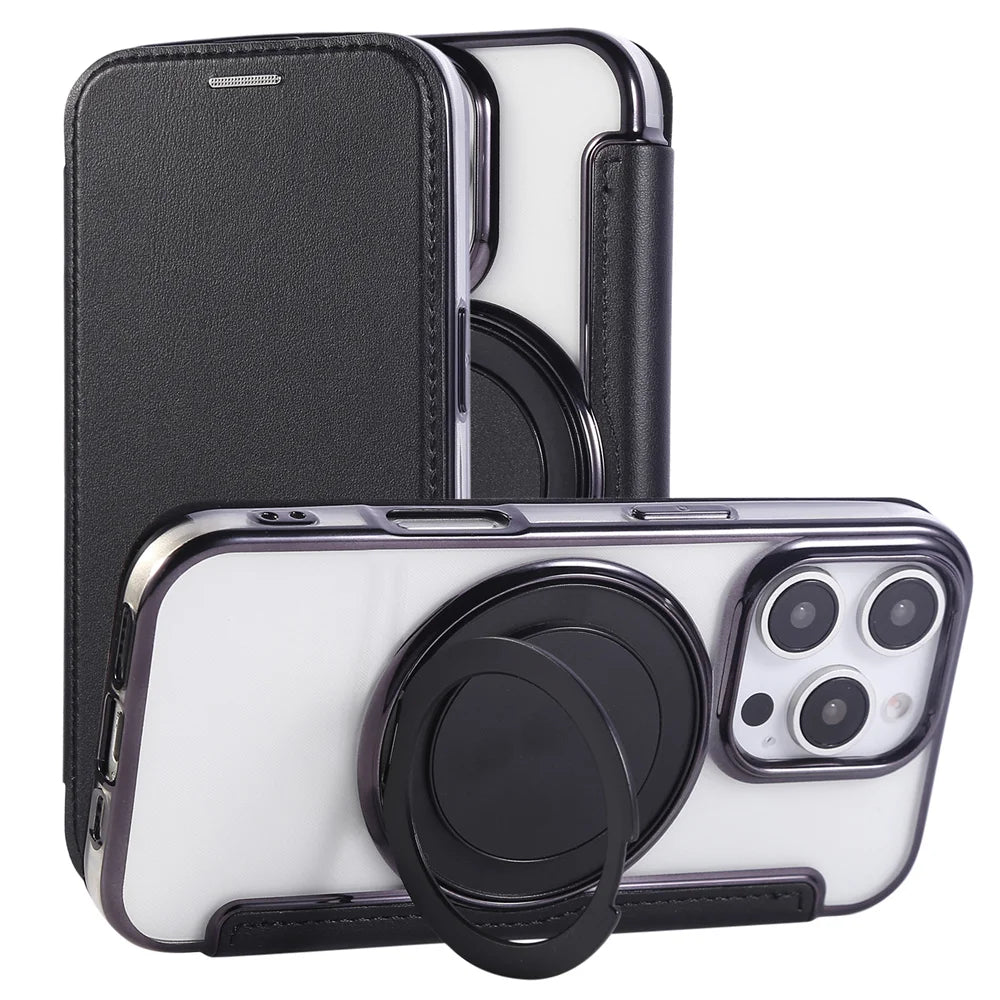 Flip Leather Wallet Rotating Fold Stand Magnetic Phone Case For iPhone 15 16 17 Pro Max 16E 14 13 12 For Magsafe Clear Cover