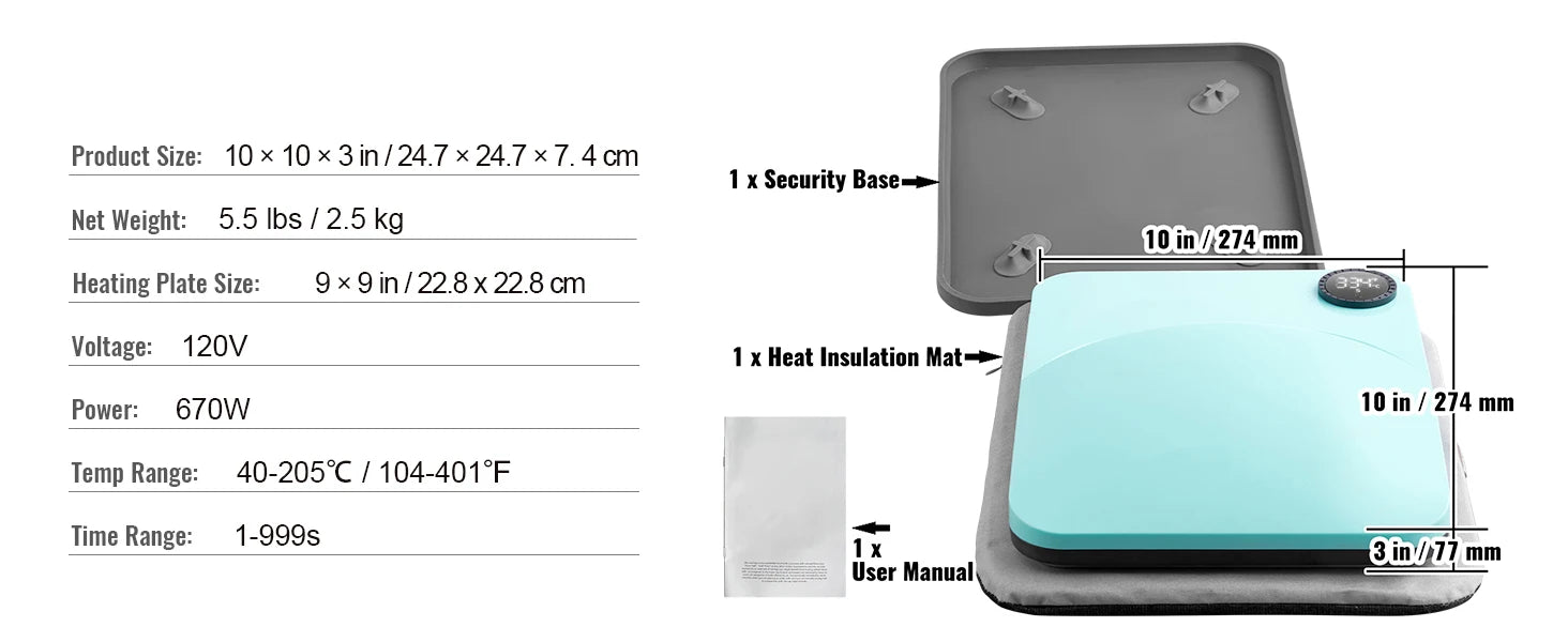 SucceBuy 9x9/12x10 in Portable Heat Press Machine DIY Shirt Printing Multifunctional Sublimation Transfer HTV Vinyl T-shirt Bag - Smarsty