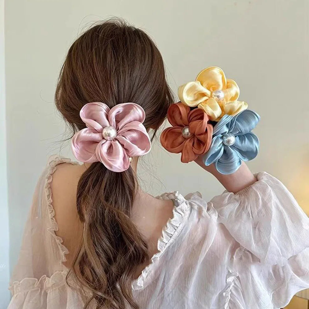 Elegant Pearl Rhinestone Organza Scrunchie For Ponytails - Smarsty