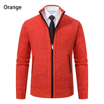 Autumn And Winter New Jersey Men's Casual Sports Coat Solid Color Stand Collar Wweater Grab Fleece Warm Zipper Cardigan - Smarsty