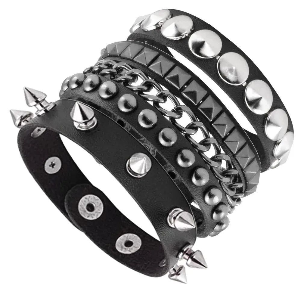Black Goth Leather Bracelets Set with Rivet Spikes - Smarsty