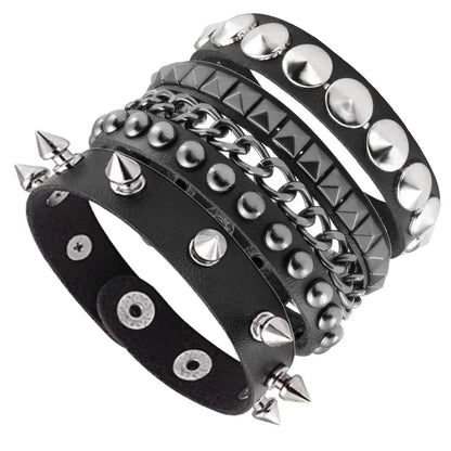 Black Goth Leather Bracelets Set with Rivet Spikes - Smarsty