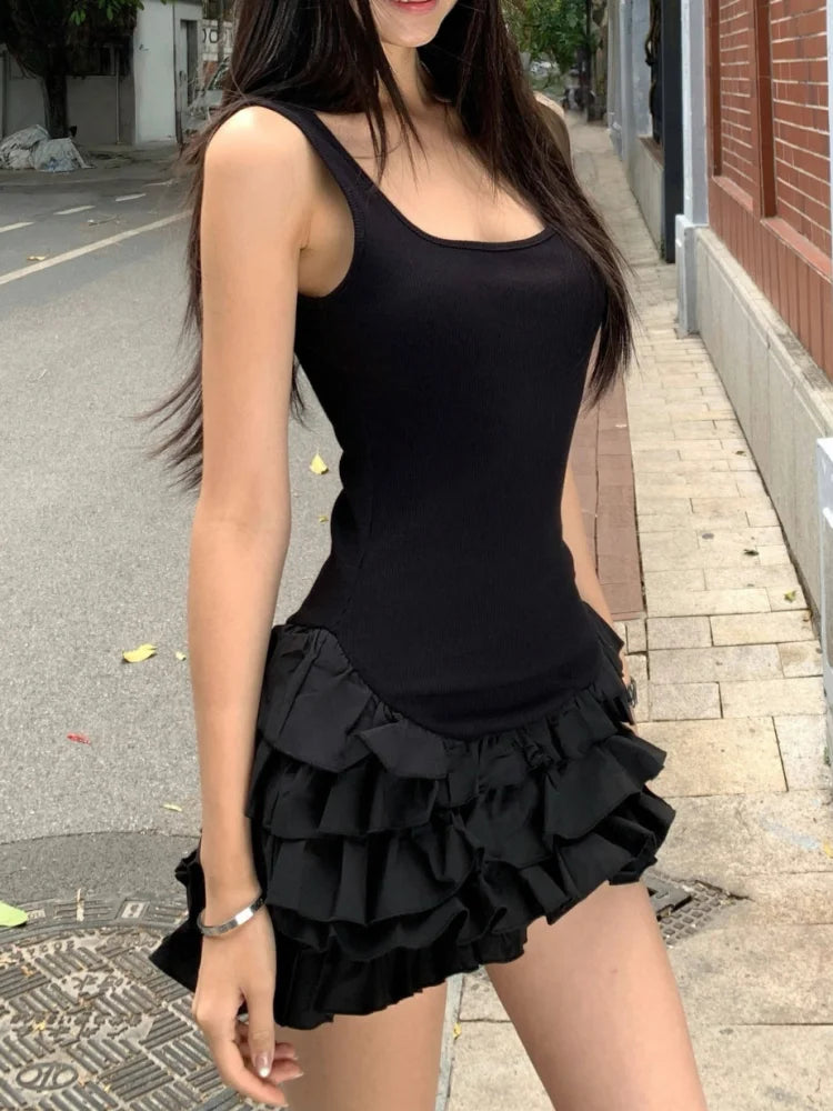 Chic Y2K Sleeveless Mini Dress For Woman Summer Black Dresses Sexy Clubwear Party Slim fit Ruffle Pleated Short Dress - Smarsty