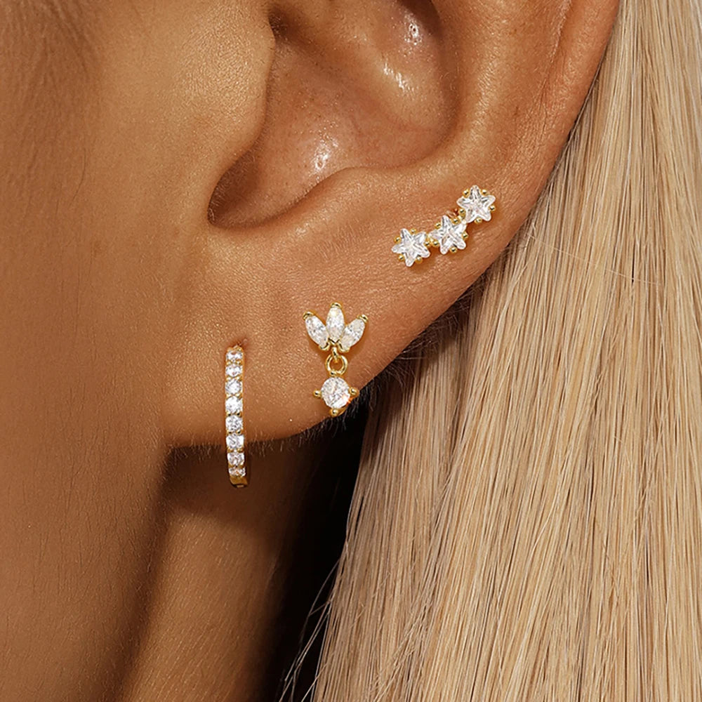 3Pc Stainless Steel Star Stud Earrings Sparkling Zircon - Smarsty