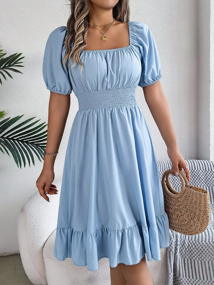 Women's MIidi Dresses 2024 Summer Casual Square Neck Short Sleeved Waist Ruffle Edge Dress Dress Women Elegant Платья Женские - Smarsty