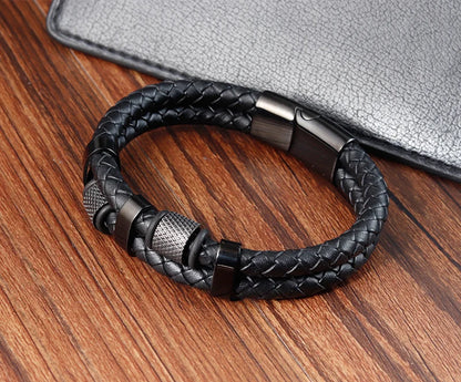 Men's Leather Charm Bracelet Stainless Steel Magnetic Clasp - Smarsty