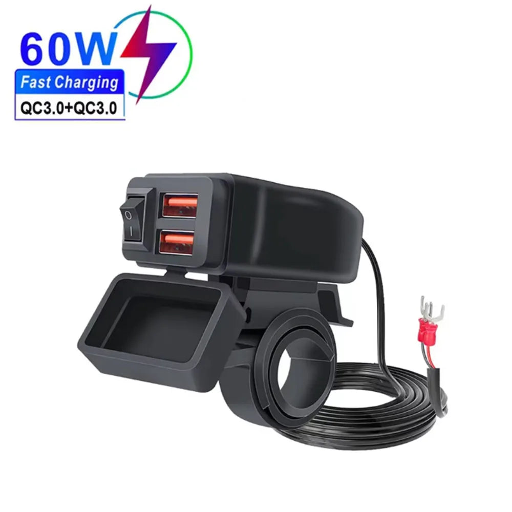 PD QC3.0 Motorcycle USB Fast Charger 60W Handlebar Dual USB Socket with Switch Voltmeter Waterproof 12V Power Supply Adapter - Smarsty