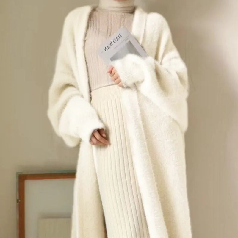 white Long Cardigan for women 2025 new winter clothes Knitted fluffy long sleeve Cashmere sweater coat korean style warm vintage - Smarsty