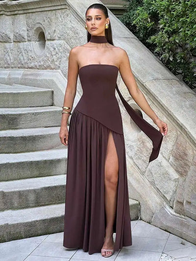 Mozision Strapless Off-shoulder Sexy Maxi Dress For Women Gown Patchwork Scarf Collar Thigh High Split Club Party Long Dress - Smarsty