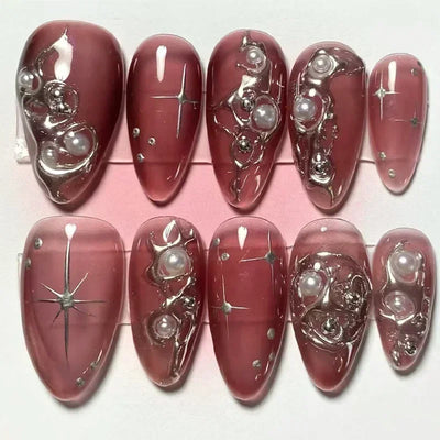 24Pcs Pink Almond False Nails with French Design - Smarsty