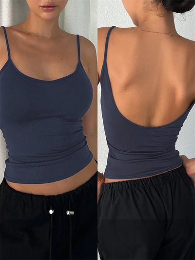Women Backless Cami Crop Top Summer Solid Color Casual Sleeveless Top Streetwear Y2K Clothes - Smarsty