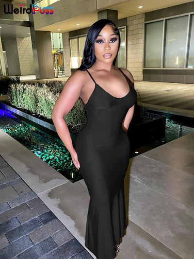 Weird Puss Sexy Backless Women Evening Maxi Dress Folds V-Neck Sleeveless Coquette Elegant Mermaid Matching Banquet Prom Bodycon - Smarsty