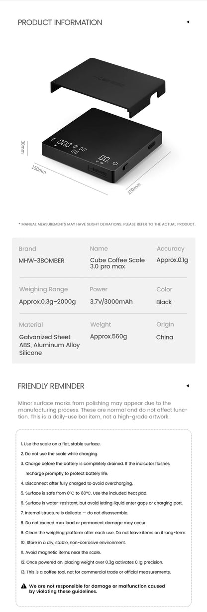 MHW-3BOMBER Cube Coffee Scale 3.0 Pro Max Digital Kitchen Coffee Scale High Precision Flow Rate Big Battery Coffee Accessories