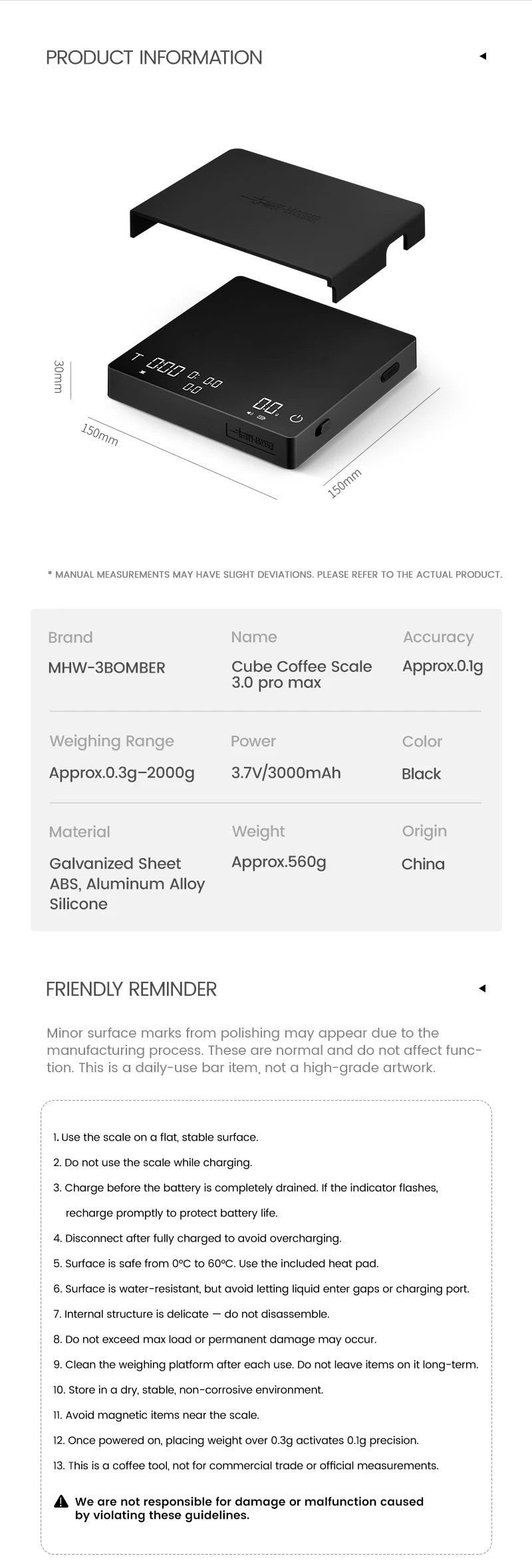 MHW-3BOMBER Cube Coffee Scale 3.0 Pro Max Digital Kitchen Coffee Scale High Precision Flow Rate Big Battery Coffee Accessories