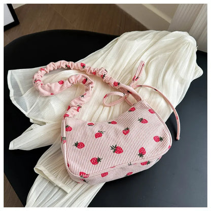 Corduroy Underarm Bag For Women Strawberry Print Mini Tote - Smarsty