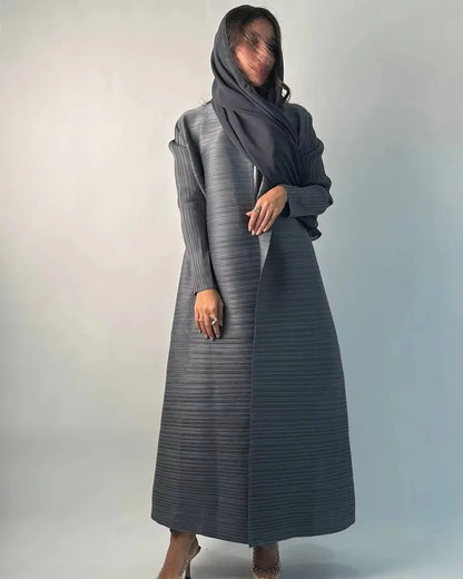 Women's Fold Miyake Pleated Abaya Long Sleeve Print Foldable Collar Robe Cardigan Coat New Winter Fashion Original Design 2024 - Smarsty