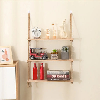 Wooden Floating Shelves for Wall Plant Flower Wood Swing Hanging Rope Storage Home Living Room Decor 1/2/3-tier by Smarsty