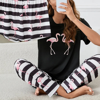 Women's Short Sleeve Crew Neck Top With Shorts And Pants 3 Piece Loungewear Sleepwear Lounge Sets Nighty Print Casual Pajama Set - Smarsty