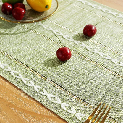 Boho Green Table Runner with Rustic Tassels - Smarsty