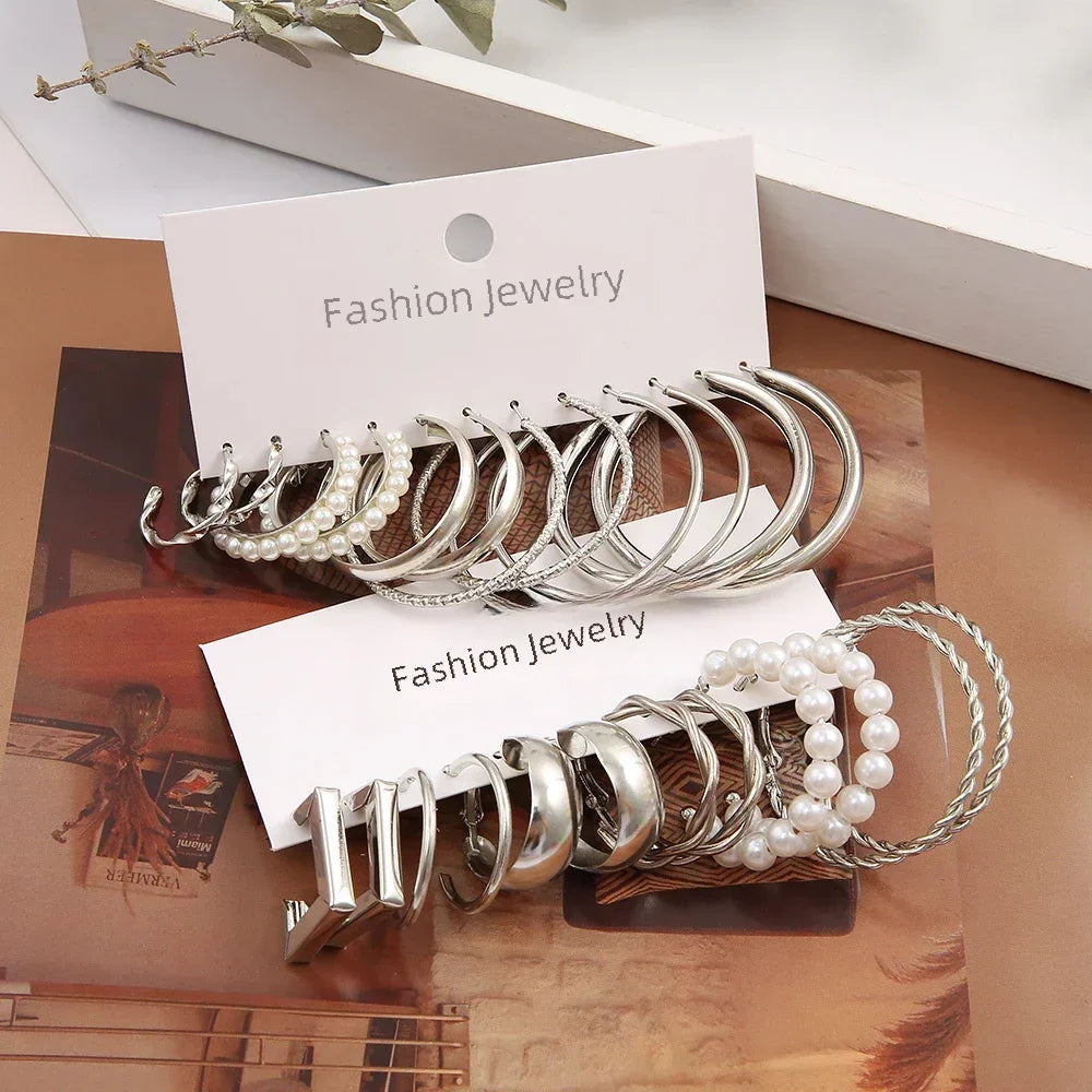 24 Pcs Vintage Silver Pearl Hoop Earrings Set - Smarsty