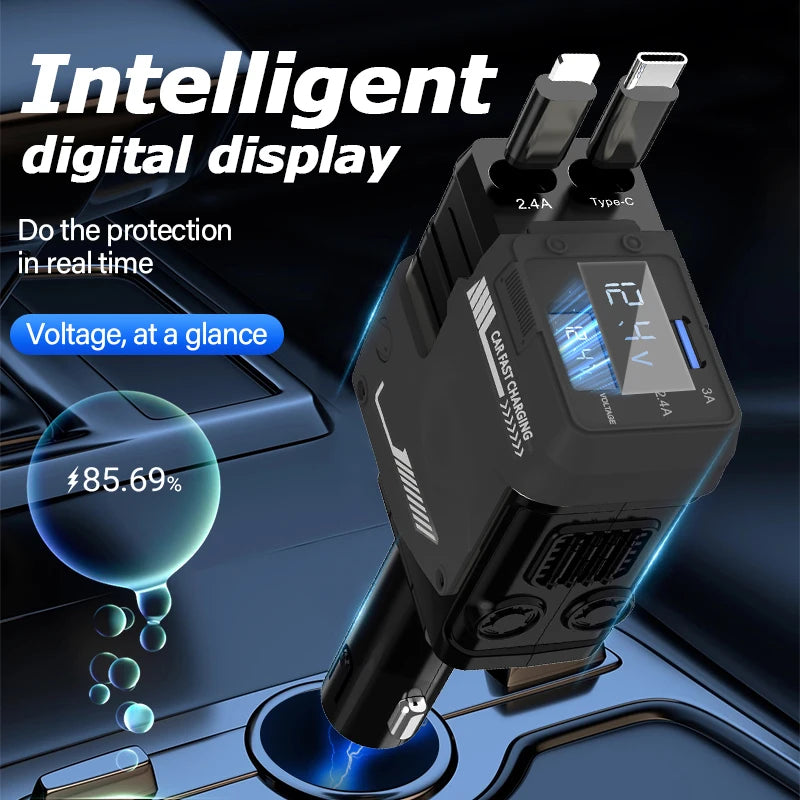 The new 120w4-in-1 retractable car fast charger, adapter, USB is suitable for all models of Apple, Samsung, Huawei, and Android