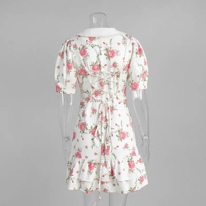 Sweet Floral Printed Ruffle Hem Dress Chic A-line Lapel Puff Sleeve Dresses For Women 2025 Summer Lady Holiday Street Gowns New
