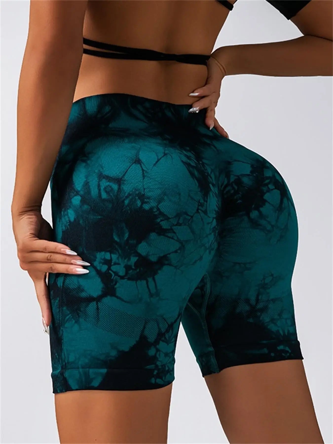 Women's Tie Dye Print Ruched High Waist Sports Shorts, Casual Comfy Breathable Seamless Skinny Shorts for Yoga Gym Workout - Smarsty