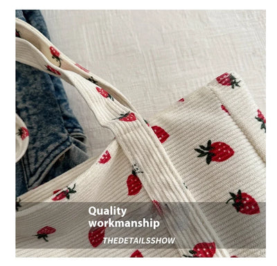 Corduroy Handbag Strawberries Beach Tote Large Capacity - Smarsty