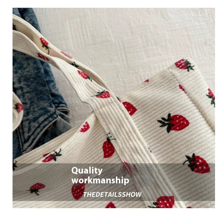 Corduroy Handbag Strawberries Beach Tote Large Capacity - Smarsty