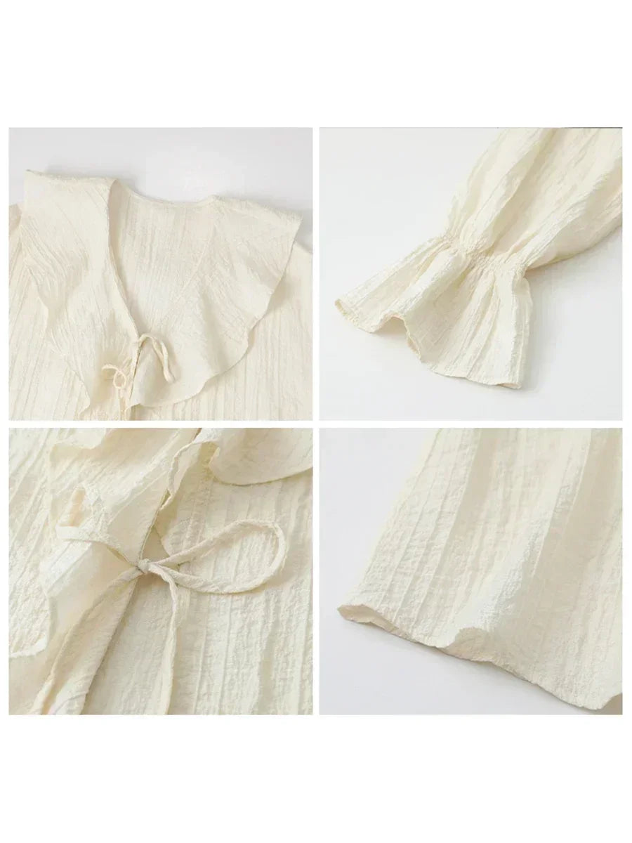 CHIC VEN Women Shirt Loose Casual Ruffled Edges Female Blouses V Neck Lace Up Mid Length Woman Shirts Spring Summer 2024 - Smarsty
