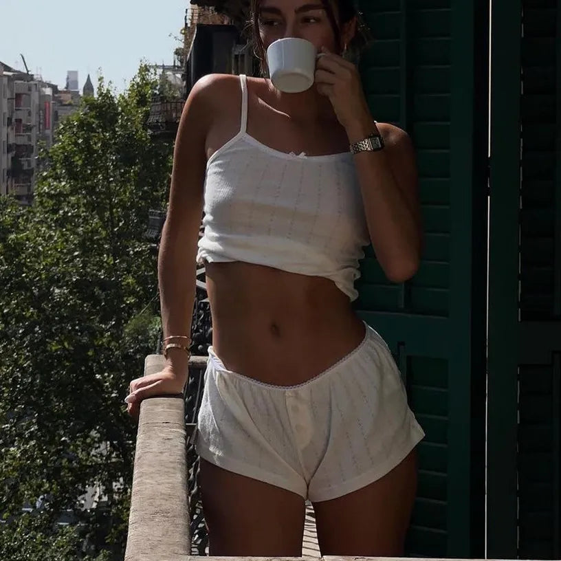 Retro Fairy Coquette Y2K Pajamas Outfits Comfy 2 Piece Set Loungewear Women Sexy V Neck Spaghetti Strap Camis Crop Tops + Shorts - Smarsty