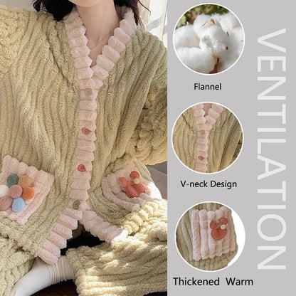 Thickened Warm Flannel Women Sleepwear Loungewear Cardigan Suit Winter Sweet Kawaii Soft Fairy Wind Ladies Pajamas Homewear - Smarsty
