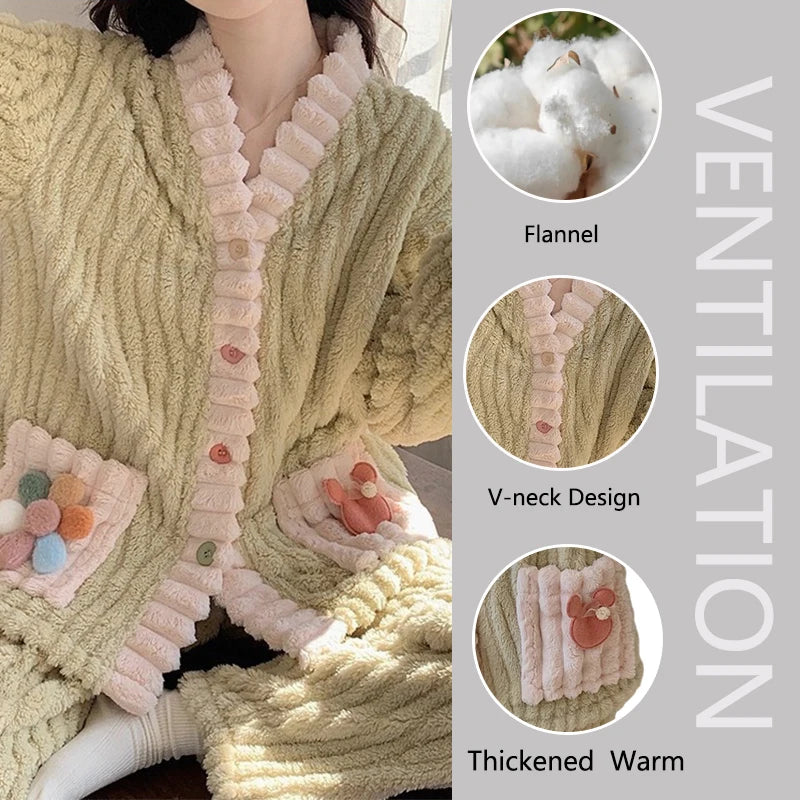 Thickened Warm Flannel Women Sleepwear Loungewear Cardigan Suit Winter Sweet Kawaii Soft Fairy Wind Ladies Pajamas Homewear - Smarsty