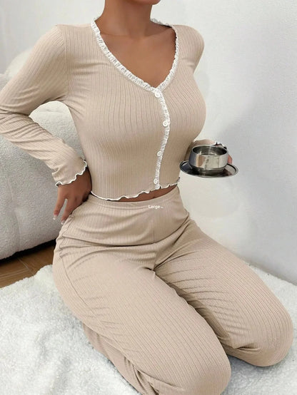 2024 Autumn Winter Homewear Pajamas Set for Women Long Sleeves Shirt Trousers 2 Pieces Sexy Lace Pijamas Sleepwear Loungewear - Smarsty