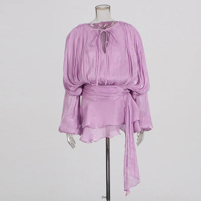 GALCAUR Solid Loose Splicd Lace Up Dresses For Women V Neck Long Sleeves Patchwork Ruffles Tunic Dreses Female Fashio New - Smarsty