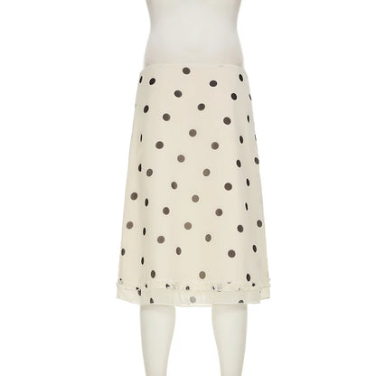 BIIKPIIK Casual Women Polka Dot Skirts Lettuce Trim Beige Elegant Midi Skirts Streetwear Simple All-match Bottom Clothing Spring - Smarsty