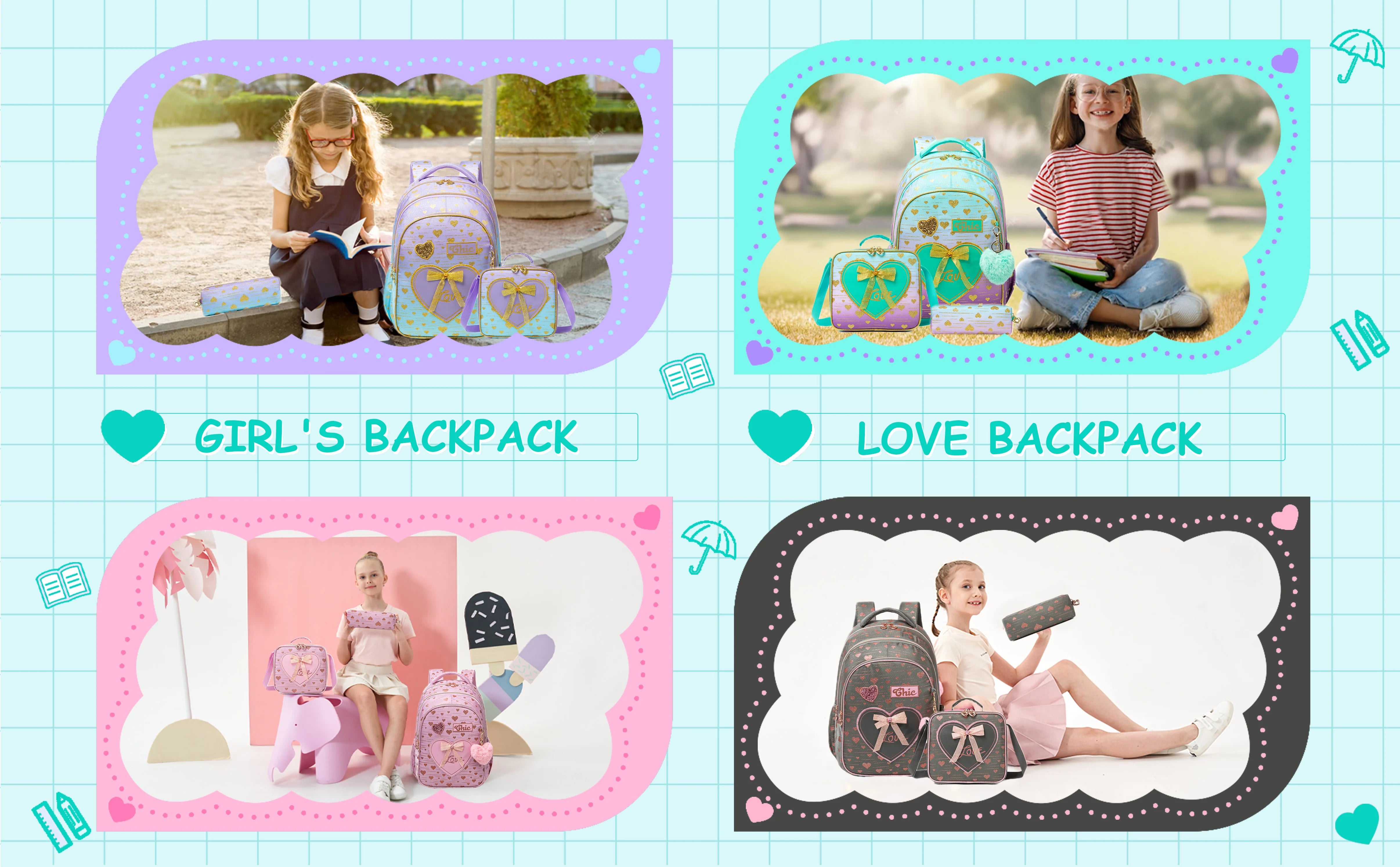 Girls Backpack With Bowknot Ribbon And Lunch Bag Pen Case - Smarsty