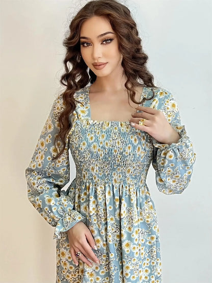 Long Sleeve Casual Dress Women Chiffon Dresses Autumn Spring A-line Printed Floral Elastic Chest Lace Up Midi Dresses Vestidos - Smarsty
