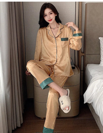 Top Autumn New Ice Silk Women Pajama Lapel Button Cardigan Outfits for Women 2 Piece Set Fashion Printing Set Clothes for Women - Smarsty