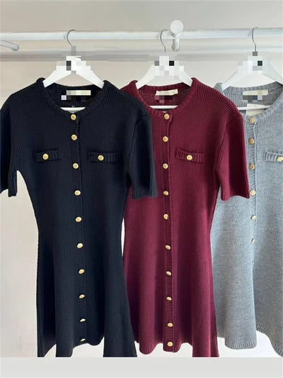 Trendix Elegant Knit Mini Dress Women Street Slim High Waist Short Sleeve Rib Sweater Dresses Vacation Bodycon Knitwear Dress - Smarsty