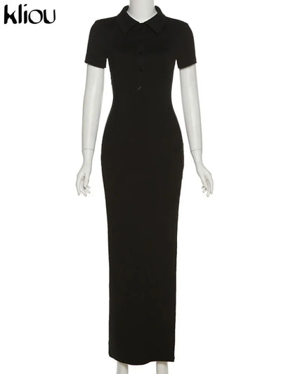 Kliou Elegant Office Lady Maxi Dress Women Solid Fashion Turn-down Collar Short Sleeve Button Side Slit Body-Shaping Street Robe - Smarsty