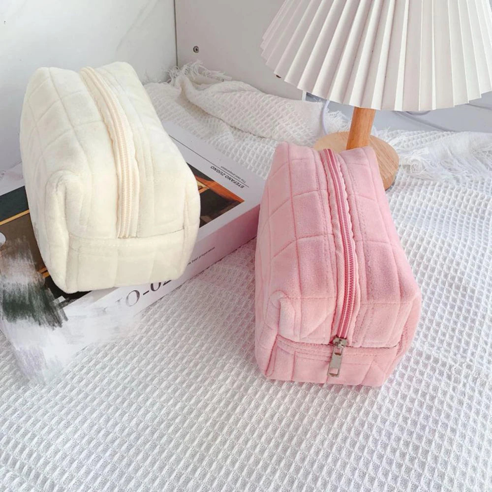 Cute Plush Makeup Bag for Women Portable Travel Small Cosmetic Bags Solid Color Zipper Toiletry Bag Washing Pouch Storage Bags - Smarsty