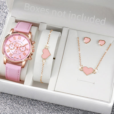5/6PCS Fashion Women's Quartz Watch Leather Band Analog Wrist Watches Heart Rhinestone Jewelry Set(Without Box) - Smarsty