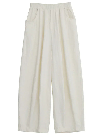 CHIC VEN Women White Pants Solid Casual Elastic Waist High Waisted Pleated Wide Leg Female Trousers  Fold Summer 2025 Clothing - Smarsty