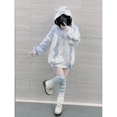 Girls Stitch Woman Clothing Subculture Japanese Hoodie Blue White Autumn Woman Sweatshirts Zipper Winter y2k Clothes Hoodies - Smarsty
