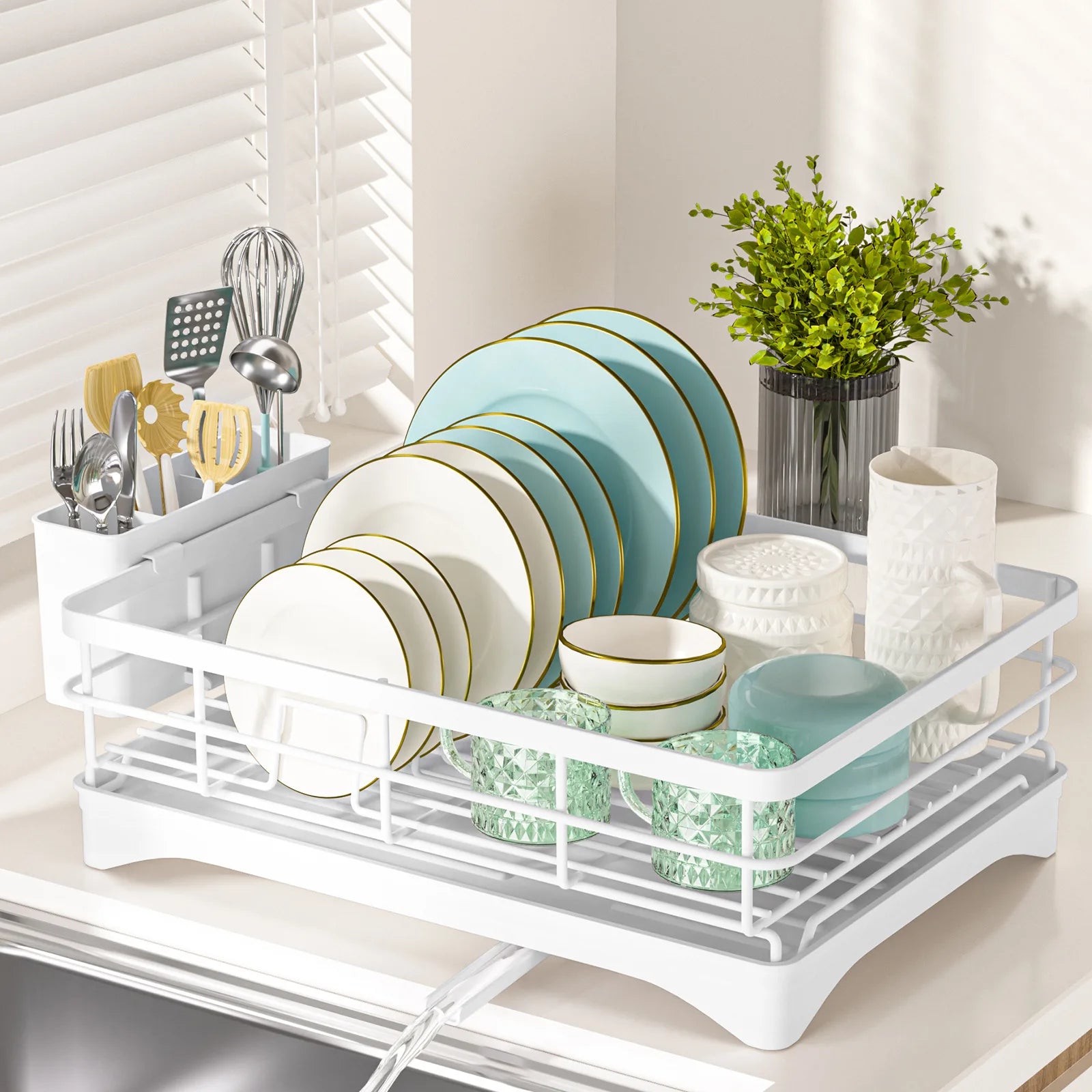 Single Layer Hollow Dish Rack Kitchen Countertop Rack with Drainage Tray Multifunctional Tableware Rack Rust Resistant Durable