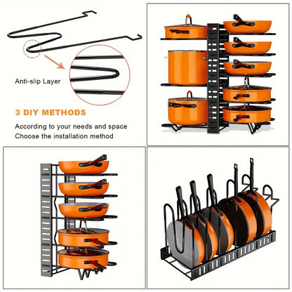 Space-Saving 8-Tier Pot Rack Organizer - Durable Metal Holder for Pans, Pots, and Lids to Keep Your Kitchen Neat and Tidy