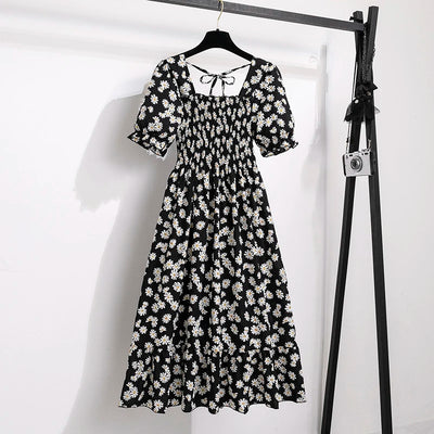 Spring Summer Chiffon Dresses Fashion Female Elastic Waist Short Sleeve Pleated Casual Dress Women A-line Dresses Vestidos - Smarsty